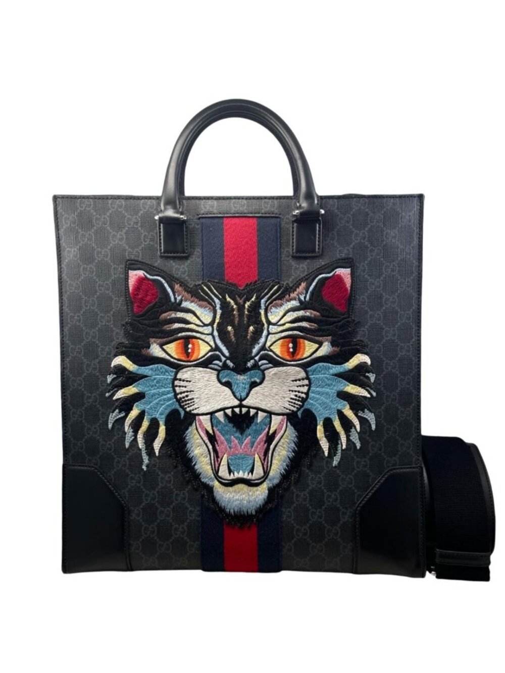 Gucci Tote Shoulder Bag Angry Cat GG Supreme Embroidery Gray Black